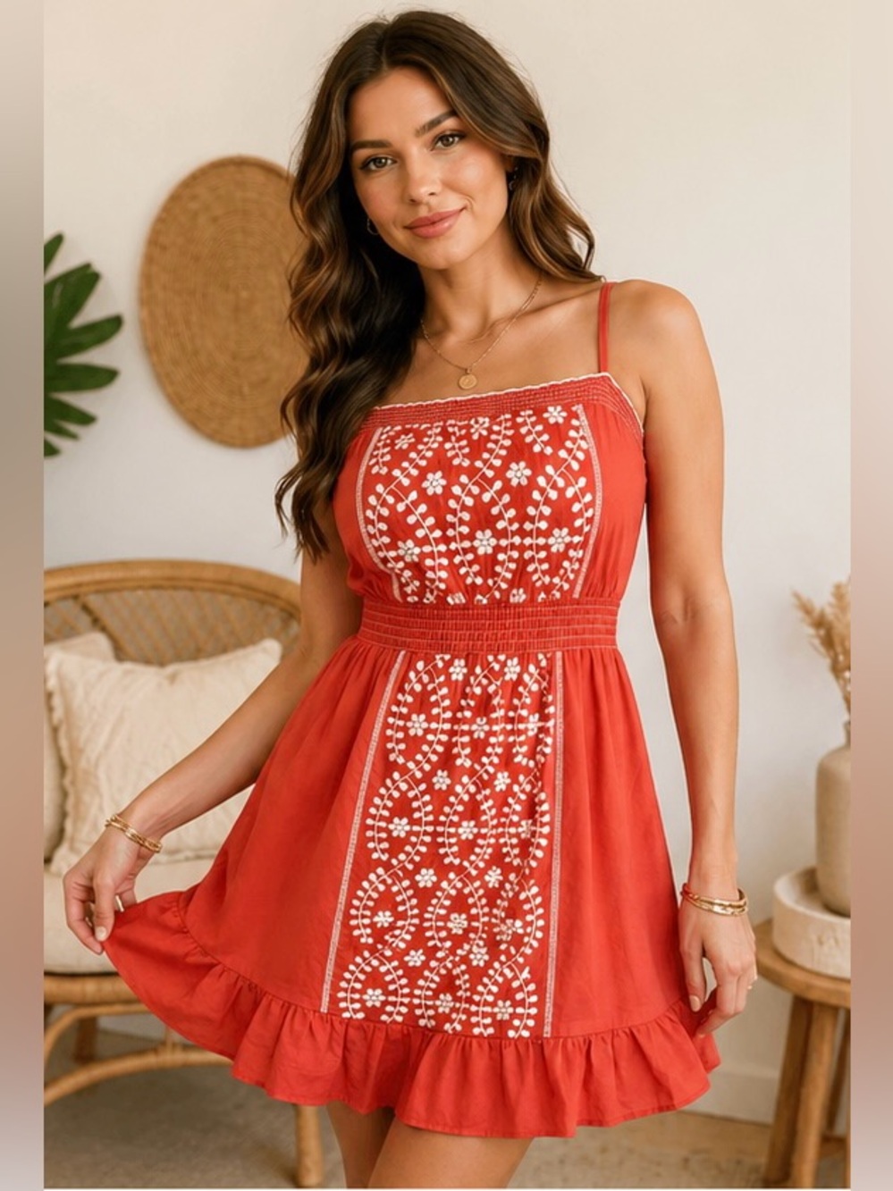 Boho Embroidered Red Mini Dress Womens Small Fit Flare Smocked Summer Sundress
